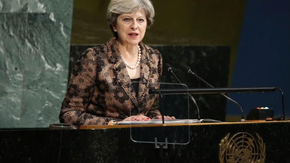 Britská premiérka Theresa Mayová počas prejavu na zasadnutí Valného zhromaždenia OSN v sídle OSN v New Yorku 20. septembra 2017.