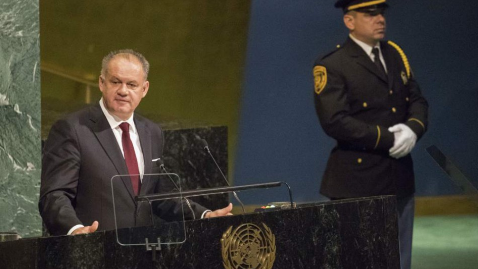 Slovenský prezident Andrej Kiska reční počas 72. zasadnutia Valného zhromaždenia OSN 19. septembra 2017 v sídle OSN v New Yorku. 