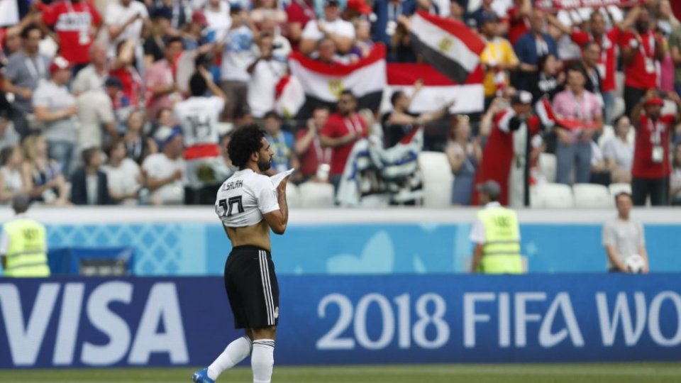 Egyptský hráč Mohamed Salah oslavuje úvodný gól do bránky Saudskej Arábie v zápase základnej A-skupiny na MS 2018 vo futbale Saudská Arábia - Egypt v ruskom meste Volgograd 25. júna 2018. 