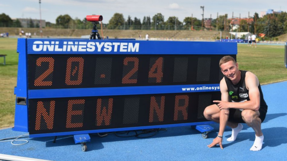 Na snímke slovenský atlét Ján Volko so slovenským rekordom v behu na 200 metrov počas majstrovstiev Slovenska v atletike 8. júla 2018 v Trnave.