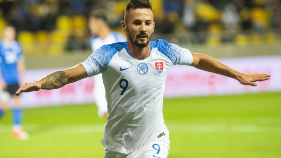 Na snímke Tomáš Vestenický oslavuje druhý gól  v zápase kvalifikácie ME 2019 hráčov do 21 rokov Slovensko - Estónsko v Dunajskej strede 12. Októbra 2018. 