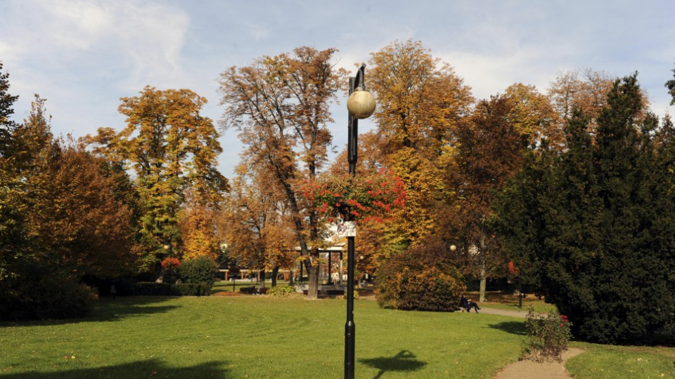 Listy stromov sfarbené v tónoch jesene v žilinskom parku Slovenského národného povstania v centre mesta 21. októbra 2013. 