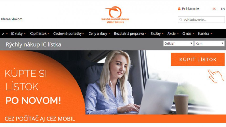 Webová stránka ZSSK s predajom cestovných lístkov.