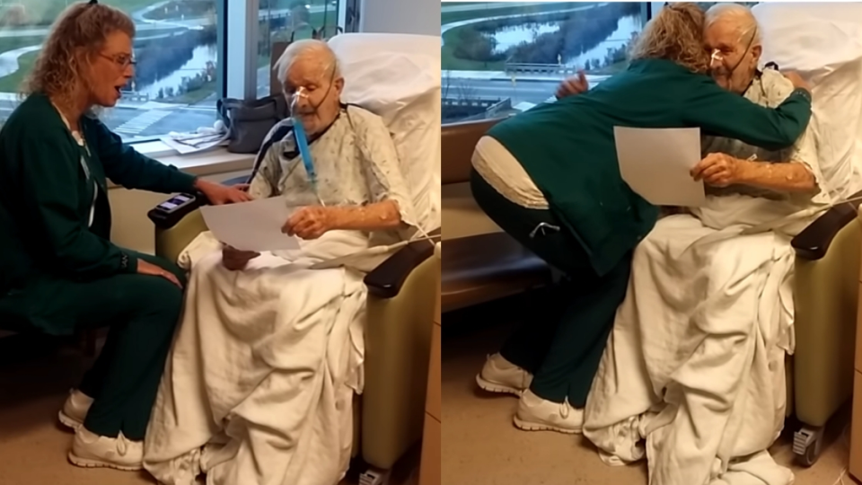 Zdravotná sestra spieva chorému pacientovi.