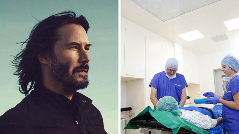 Koláž DN - herec Keanu Reeves, nemocnica