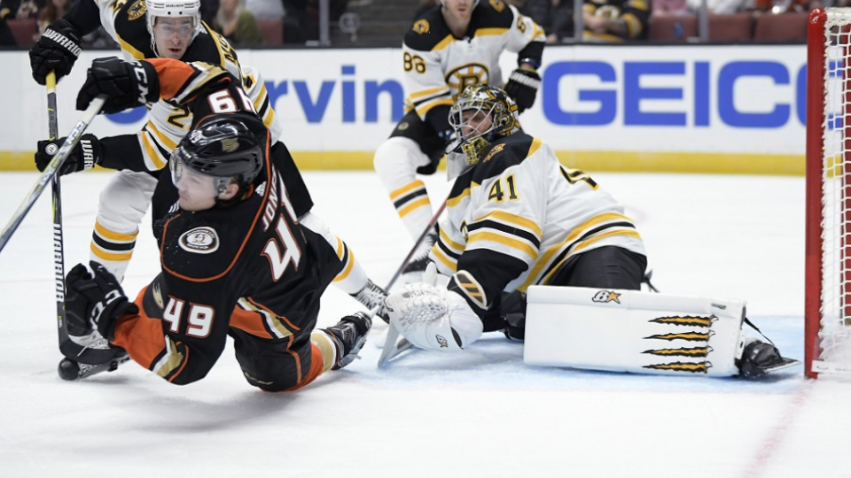 Brankár Boston Bruins Jaroslav Halák v zápase NHL proti Anaheim Ducks - vľavo Max Jones a John Moore, 15. februára 2019.