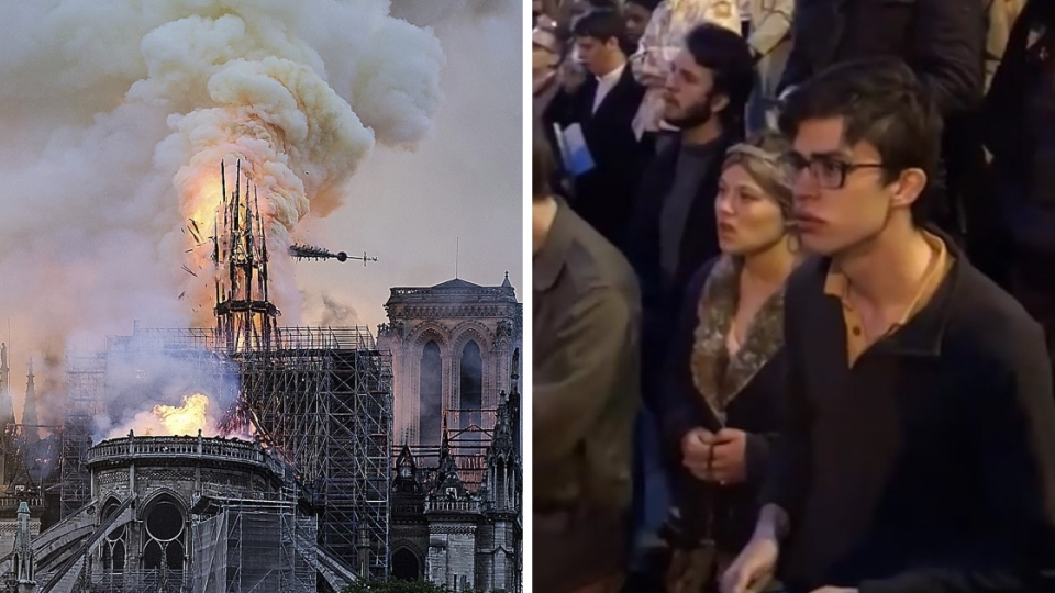 Katedrála Notre-Dame v plameňoch/smútiaci Parížania.
