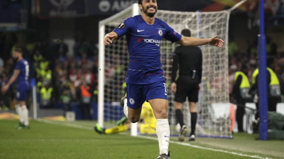 Hráč Chelsea Pedro oslavuje štvrtý gól do bránky Slavie v 2. zápase štvrťfinále Európskej ligy Chelsea Londýn - Slavia Praha na štadióne v Londýne 18. apríla 2019. 