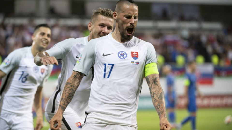 Na snímke kapitán Marek Hamšík (Slovensko) sa raduje po strelení tretieho gólu počas zápasu kvalifikačnej E-skupiny Azerbajdžan - Slovensko o postup na futbalové ME2020 v Baku 11. júna 2019.