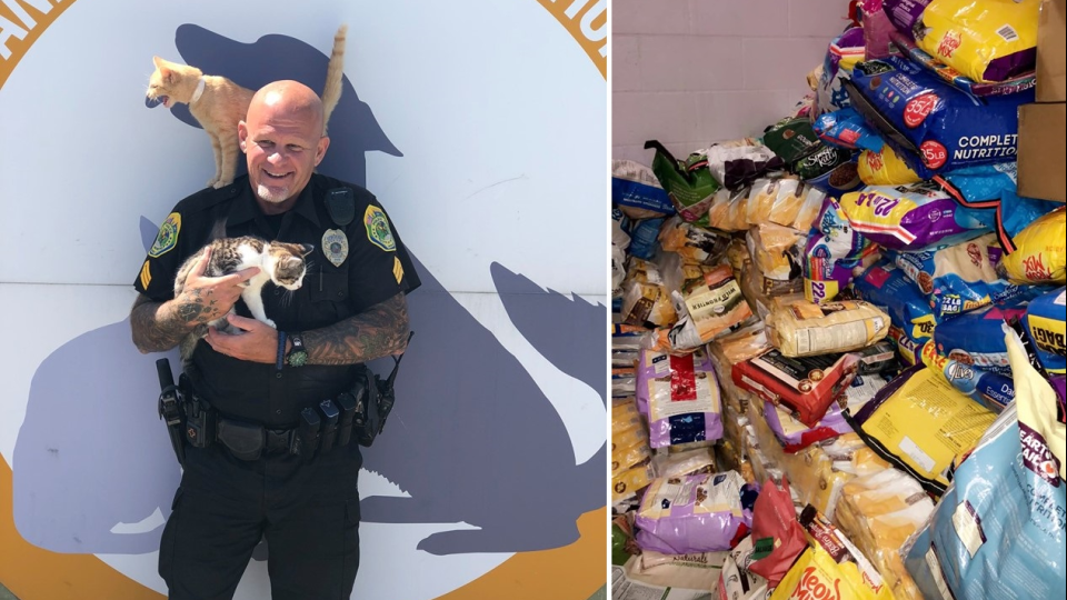 Policajti pomáhali útulku vyzbierať jedlo pre mačky