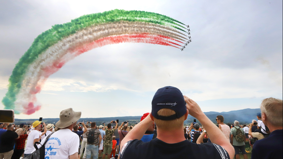 Na snímke FRECCE TRICOLORI Taliansko počas Medzinárodných leteckých dní SIAF  2019 na leteckej  základni Sliač 3. augusta 2019.