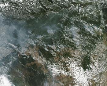 Na satelitnej snímke NASA z 13. augusta 2019 je niekoľko lesných požiarov v amazonskom pralese.
