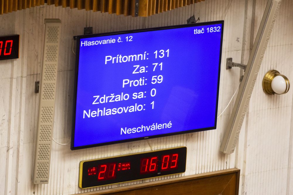 Na snímke výsledok hlasovania o novele zákona o pozemkových úpravách na veľkoplošnej obrazovke počas 57. schôdze NR SR v Bratislave 21. januára 2020.