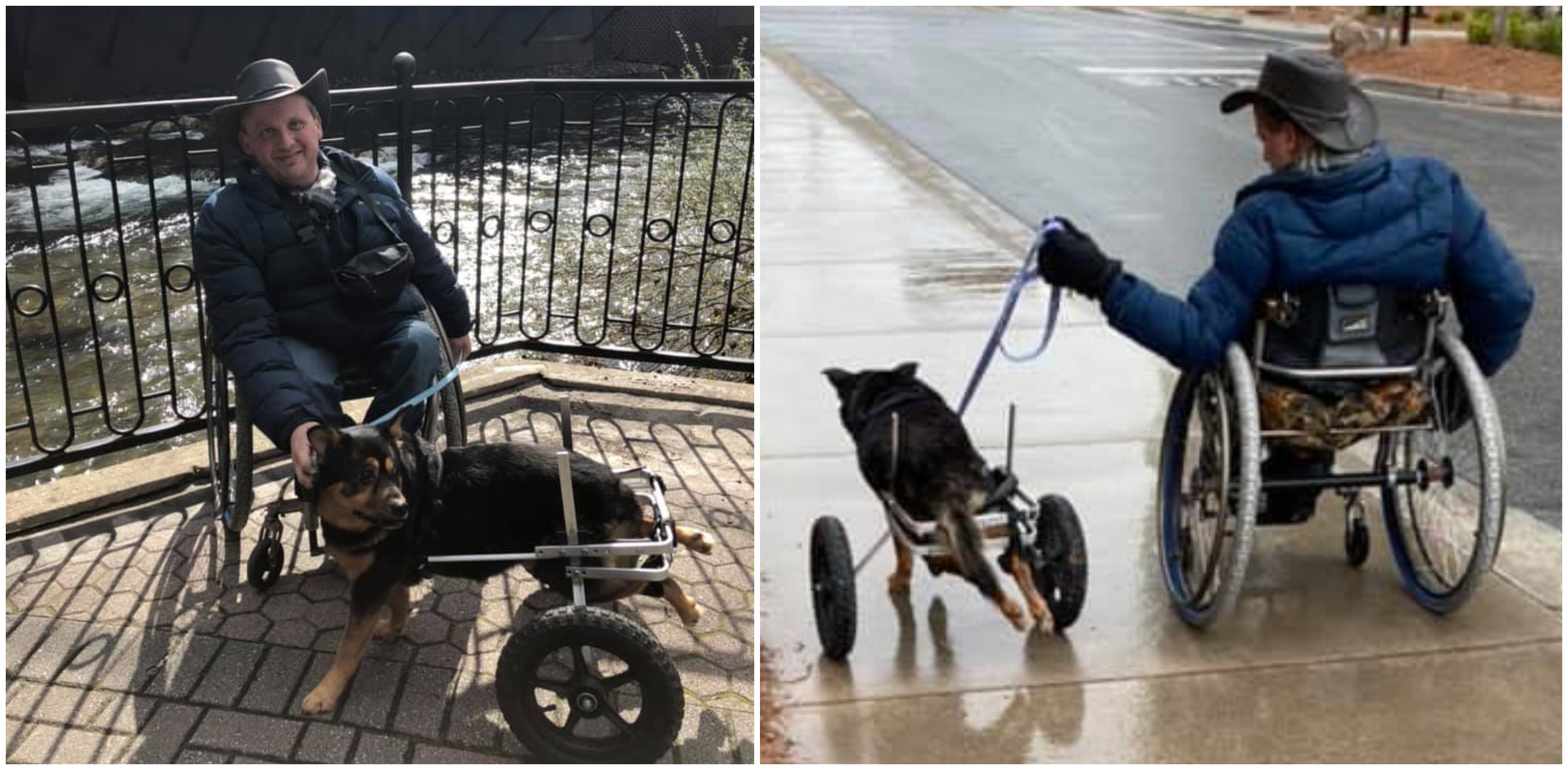 Na snímke je Darrell Rider spolu s adoptovaným psíkom na invalidnom vozíku.