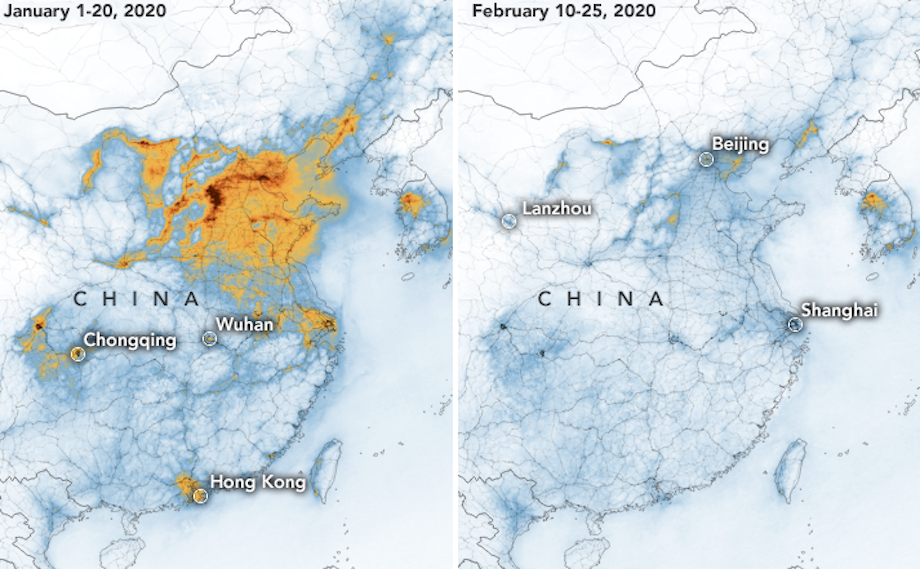 Na snímke je dramatický pokles znečistenia nad Čínou.