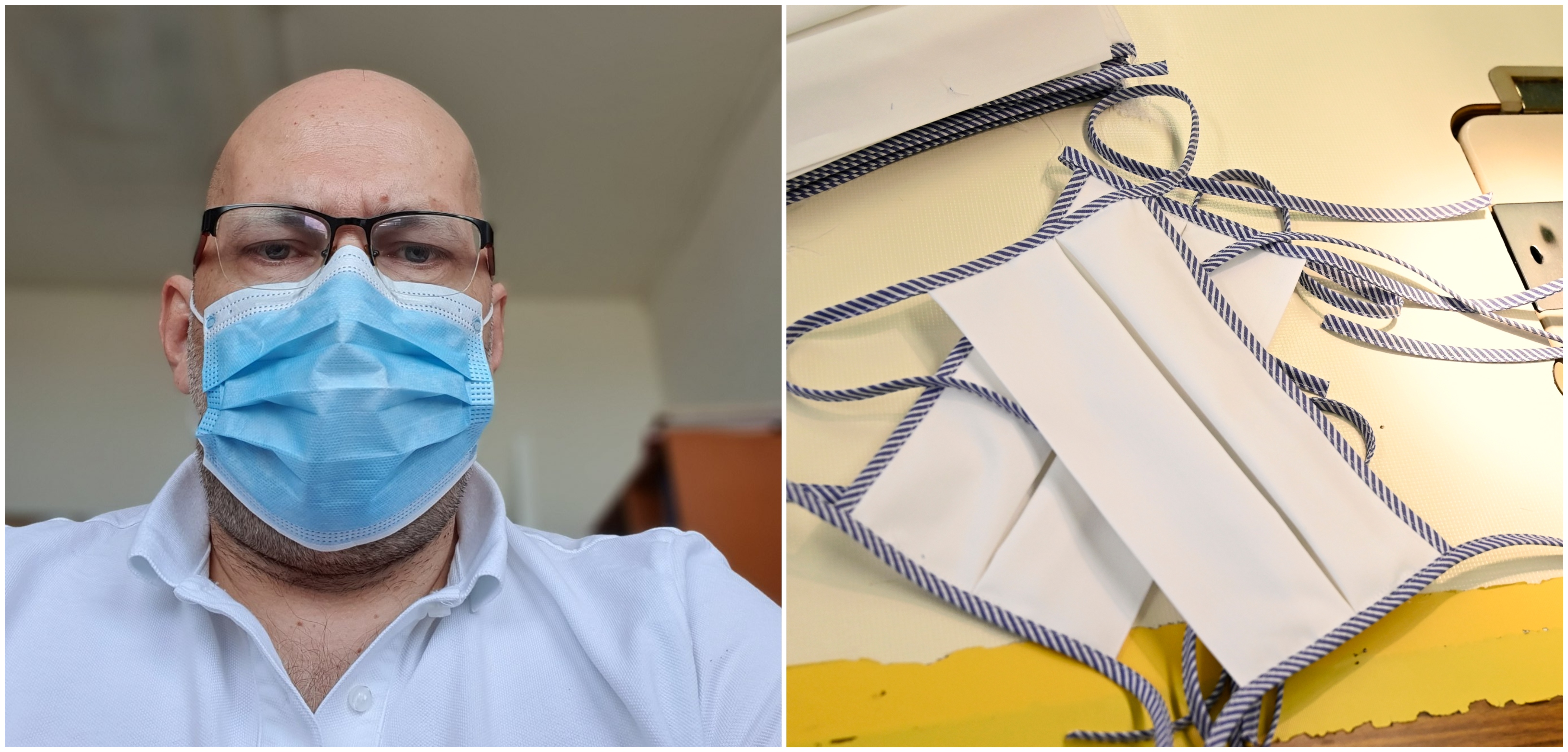 Na snímke je prednosta gynekologicko-pôrodníckej kliniky LFUK a Univerzitnej nemocnice Bratislava Jozef Záhumenský a prvé kusy rúšok chrániacich dýchacie cesty proti novému koronavírusu ušité v textilnej fabrike Zornica