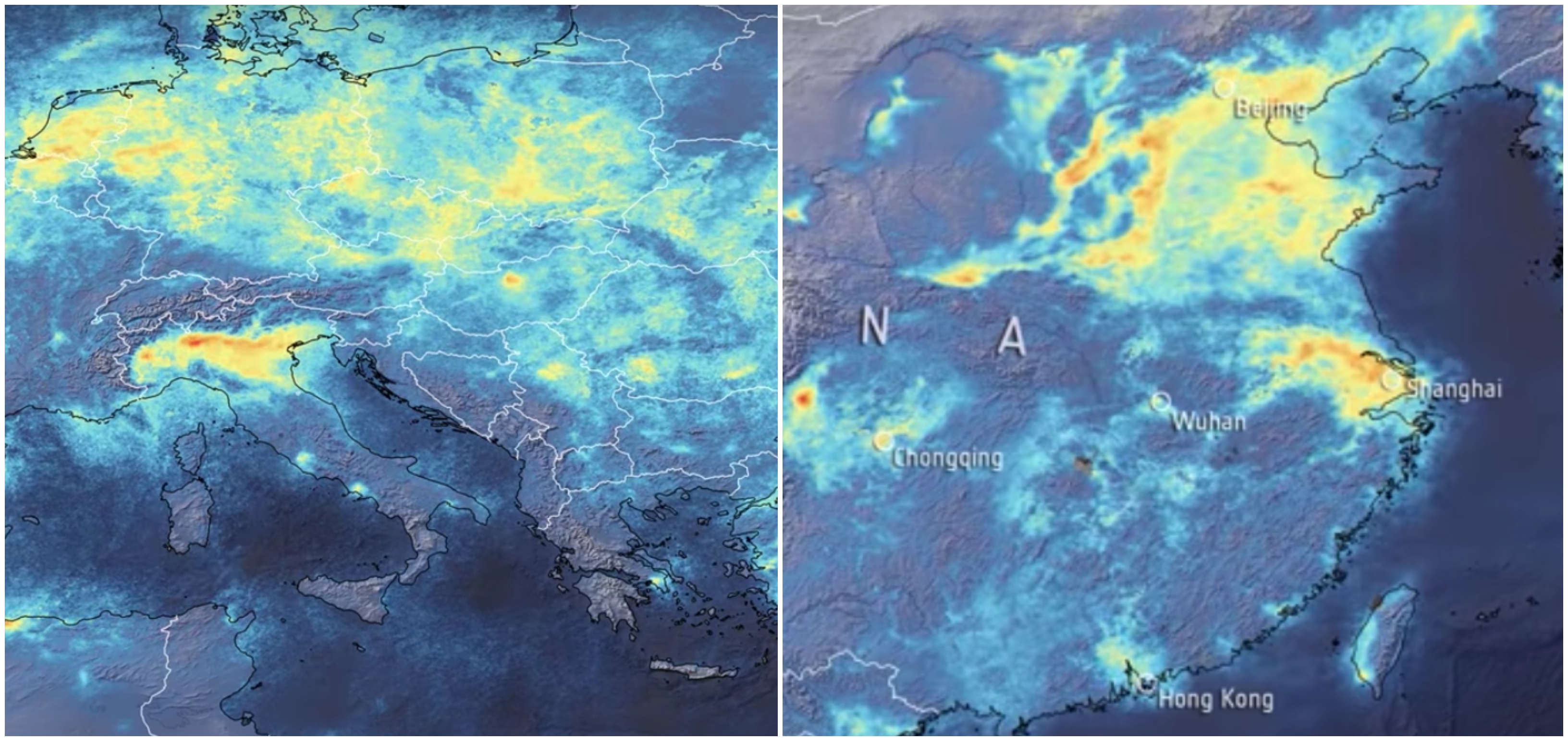 Na satelitných snímkach je výrazný pokles znečistenia nad Európou a Čínou.