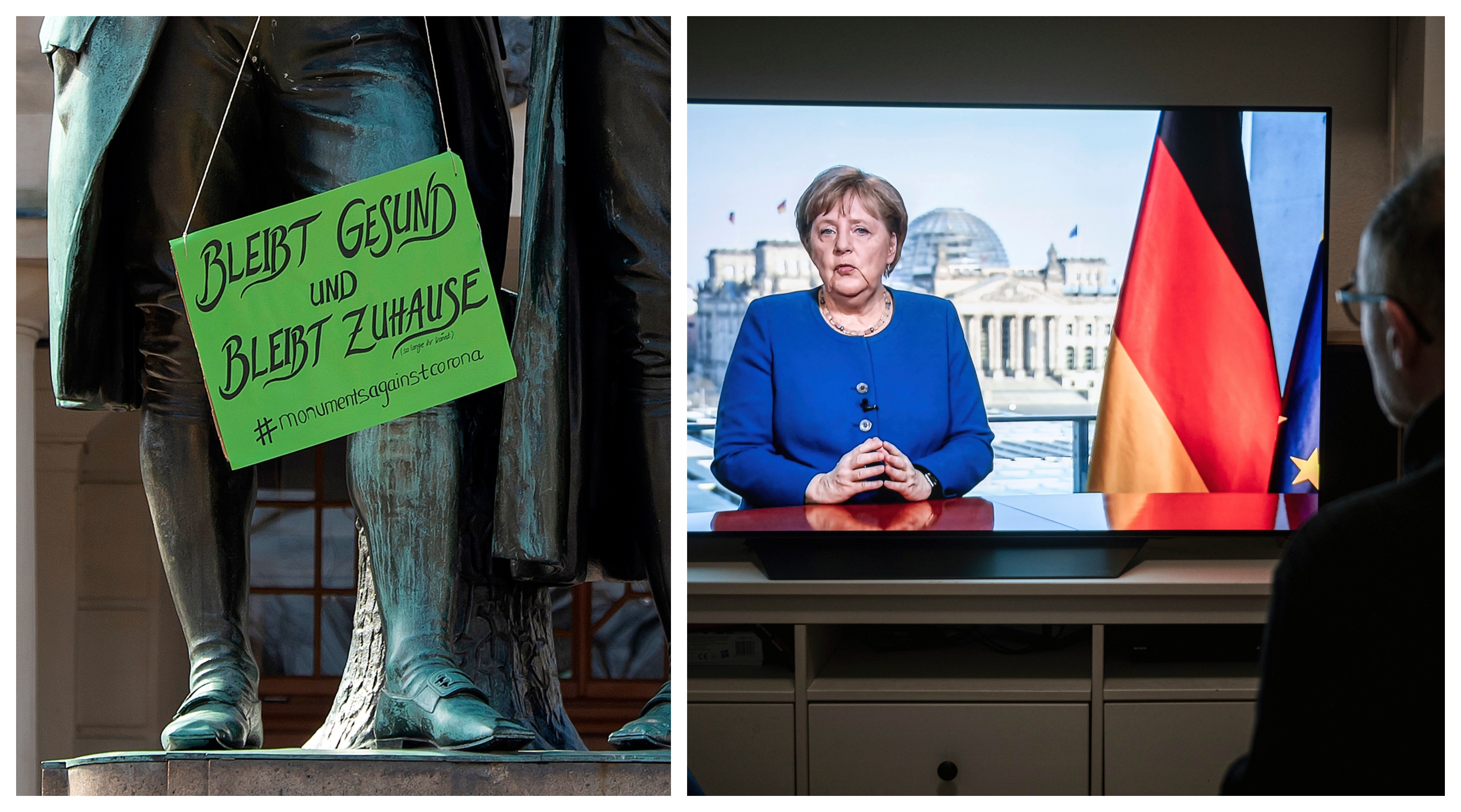 Napravo Angela Merkelová počas jej prejavu nemeckému ľudu.