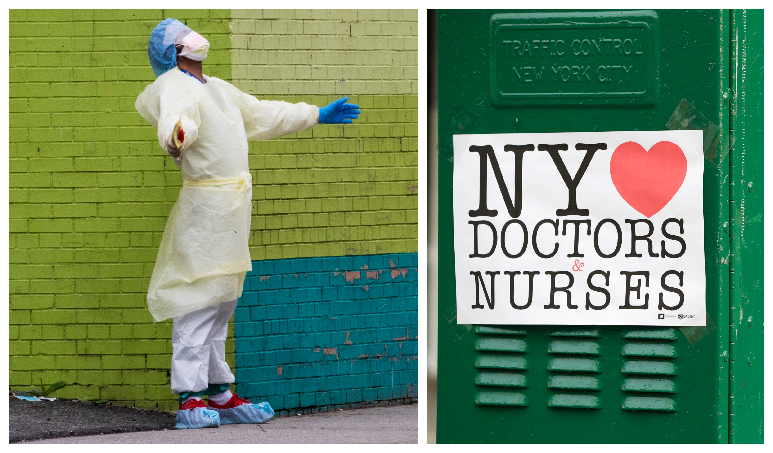Medik reaguje počas krátkej prestávky pred centrálnym prájmom nemocnice v New Yorku.