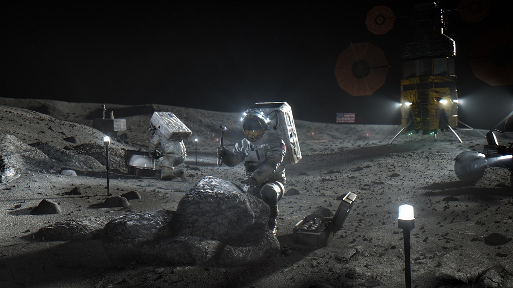 Na ilustrovanej snímke vydanej v apríli 2020 astronauti na Mesiaci. Americká vesmírna agentúra NASA vo štvrtok uzavrela kontrakty za takmer miliardu dolárov s troma spoločnosťami - vrátane tých, ktoré vlastnia miliardári Elon Musk a Jeff Bezos - na vyvinutie pristávacieho modulu, s ktorým chcú Spojené štáty opäť dostať ľudskú posádku na Mesiac.