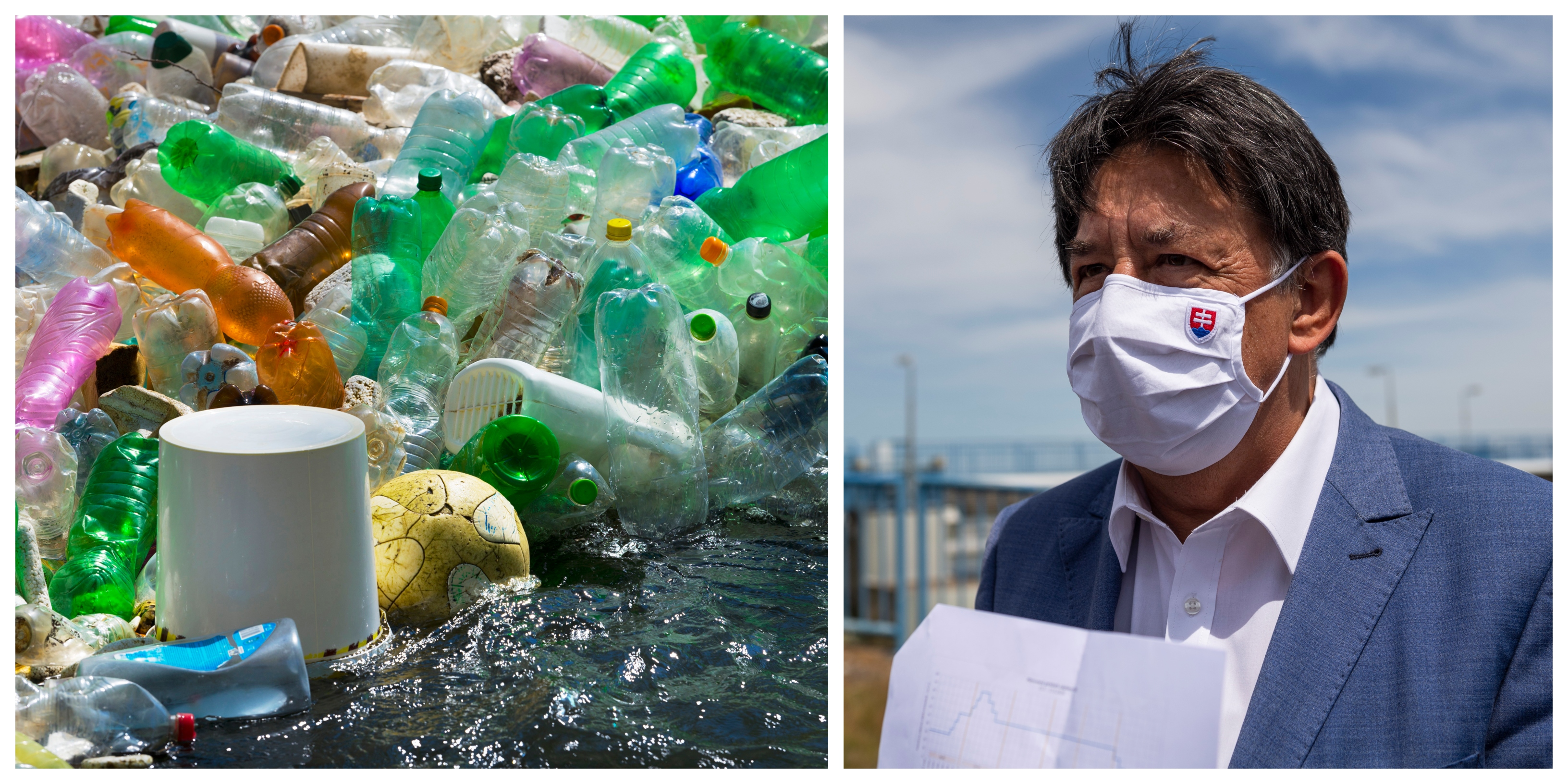 Na snímke minister životného prostredia SR Ján Budaj a rieka znečistená plastovými fľašami.