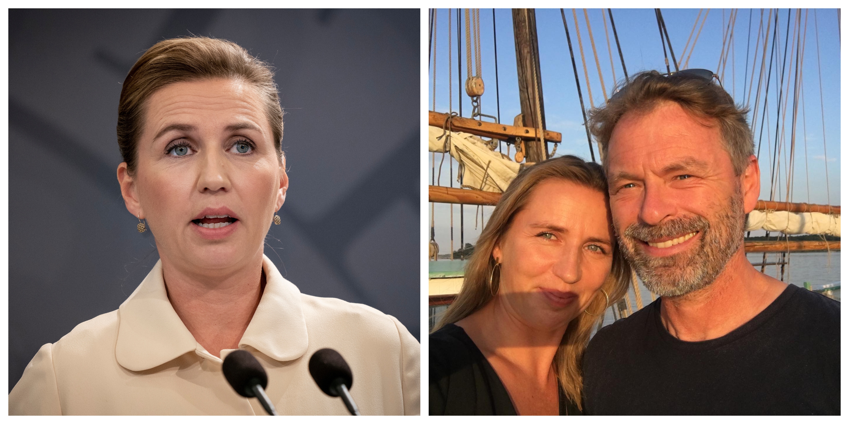Na archívnej snímke vľavo z 29. mája 2020 dánska premiérka Mette Frederiksenová hovorí počas tlačovej konferencie v Kodani. Na snímke vpravo premiérka Mette Frederiksenová spolu s partnerom.