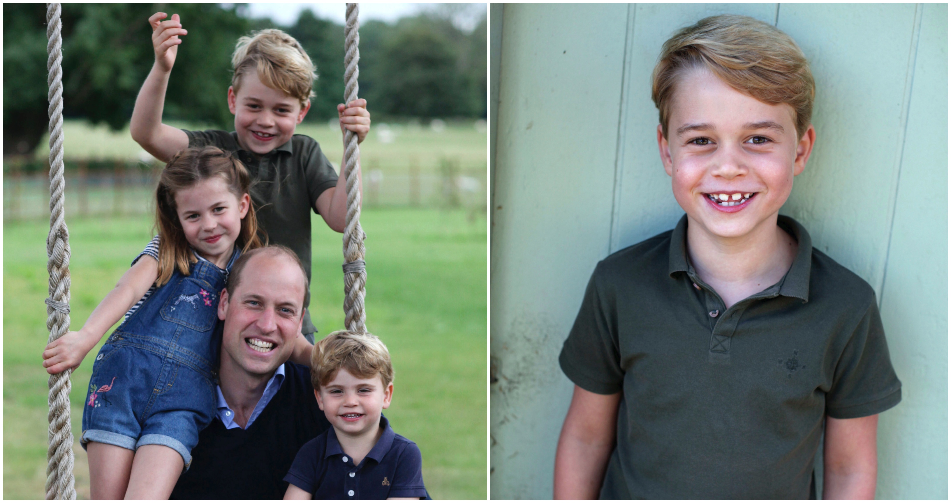 Na snímke z júna 2020, ktorú poskytli vojvoda a vojvodkyňa z Cambridge, je britský princ William a jeho deti princ George, princezná Charlotte a princ Louis v Norfolku. Na ďalšej snímke je princ George, ktorý oslavuje siedme narodeniny.