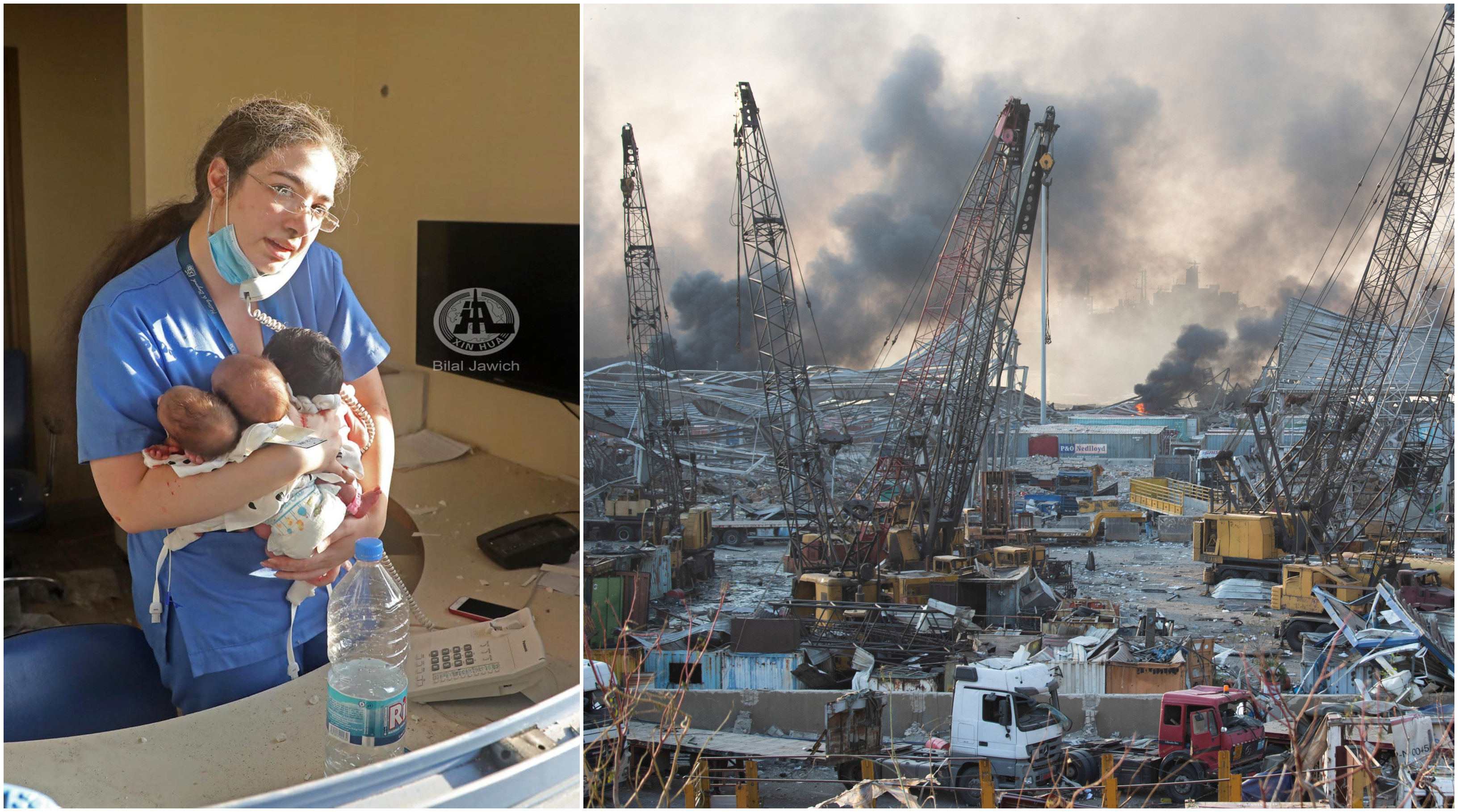Na snímke je vľavo zdravotná sestra, napravo dym, ktorý stúpa po masívnych výbuchoch do prístavu v libanonskom hlavnom meste Bejrút.