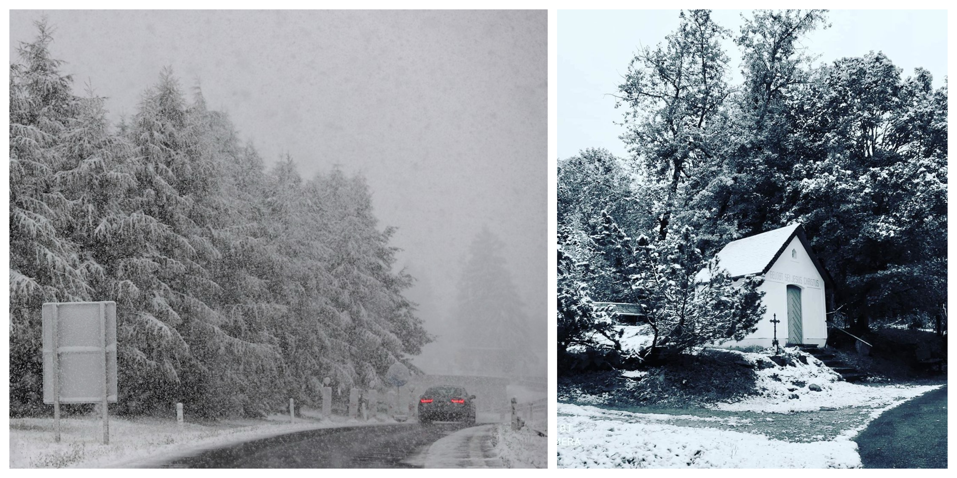 Na snímke vľavo autá jazdia po diaľnici A 13 neďaleko Innsbrücku počas hustého sneženia v piatok 25. septembra 2020, vpravo záber z českej Šumavy.