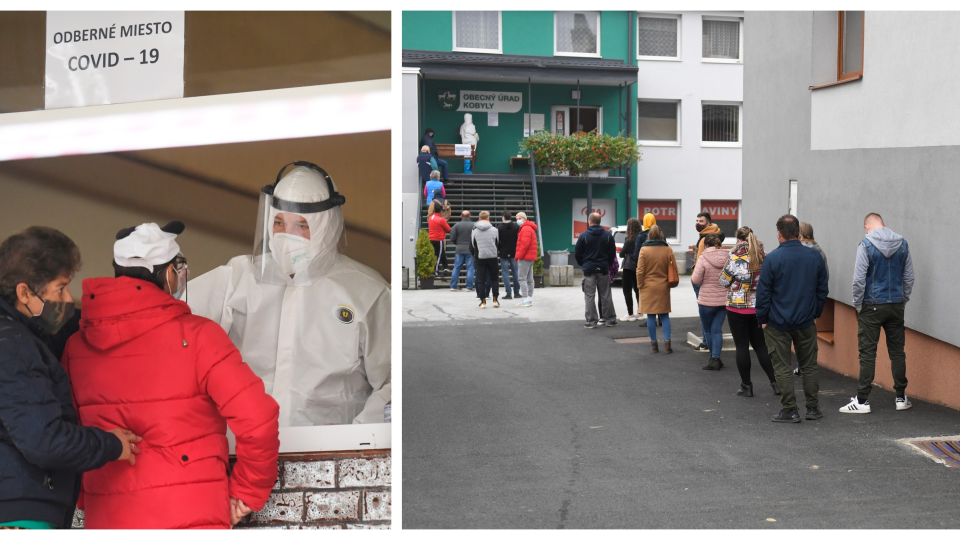 Na snímke vľavo testovanie v obci Zborov, okres Bardejov a vpravo ľudia čakajú v rade na testovanie v obci Kobyly, okres Bardejov, v sobotu 24. októbra 2020.