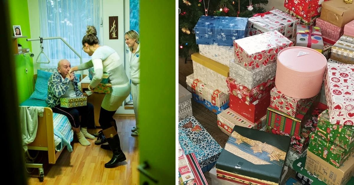 Na snímke emotívne odovzdávanie krabice seniorovi aj darčeky, ktorých množstvo bolo tento rok rekordné.