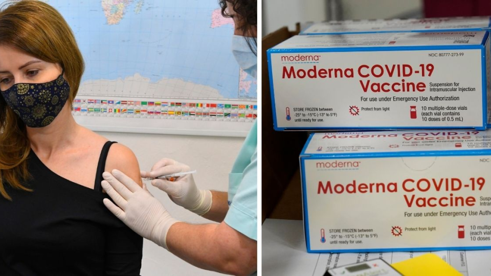 Na snímke žena očkovaná vakcínou proti covidu a vpravo krabice obsahujúce vakcínu proti ochoreniu COVID-19 od americkej biotechnologickej spoločnosti Moderna.