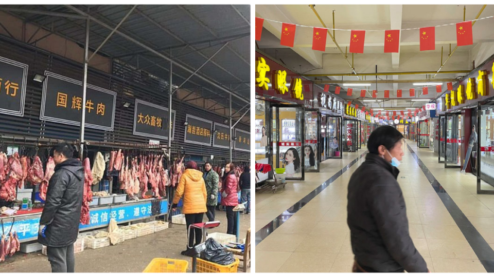 Vpravo: Tržnice vo Wu-chane pred koronou. Vľavo: Prázdne druhé poschodie tržnice, kde sa momentálne predávajú okuliare.