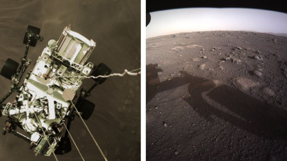 Vpravo: Prvý farebný záber z amerického robotického vozidla Perseverance po pristátí na povrchu Marsu