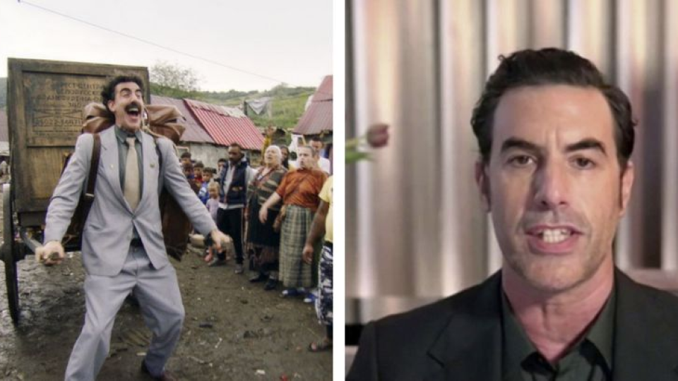 Zábery zo snímky Borat (vľavo) a herec Sacha Baron Cohen