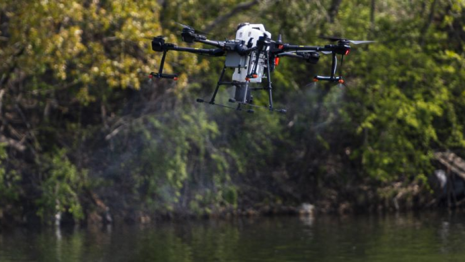 Na snímke dron postrekuje hladinu jazera Malý Draždiak biologickým prostriedkom BTI.