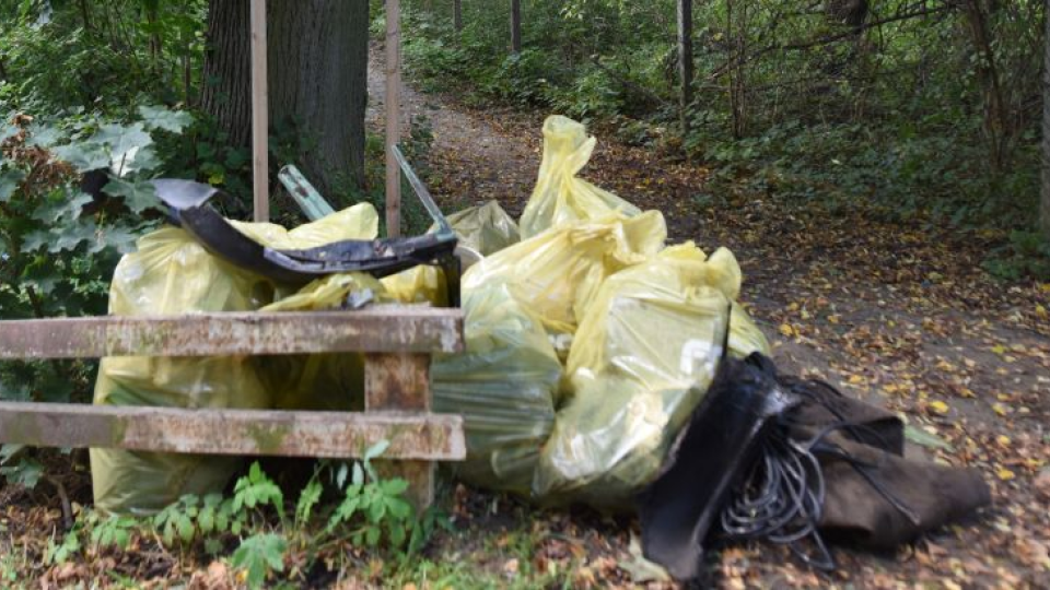 Vyzbieraný odpad z okolia rieky Gidra pri tabuli náučného chodníka Silnica - Budmerice v rámci celosvetového projektu Zaži čisté rieky pri obci Budmerice.