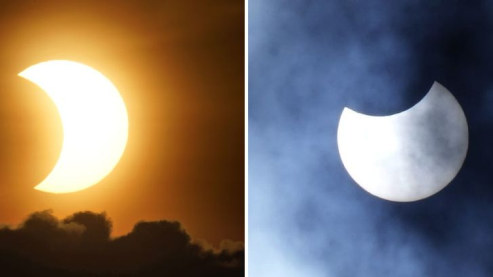 Na snímke čiastočné zatmenie Slnka v New Yorku (vľavo) a v Londýne.