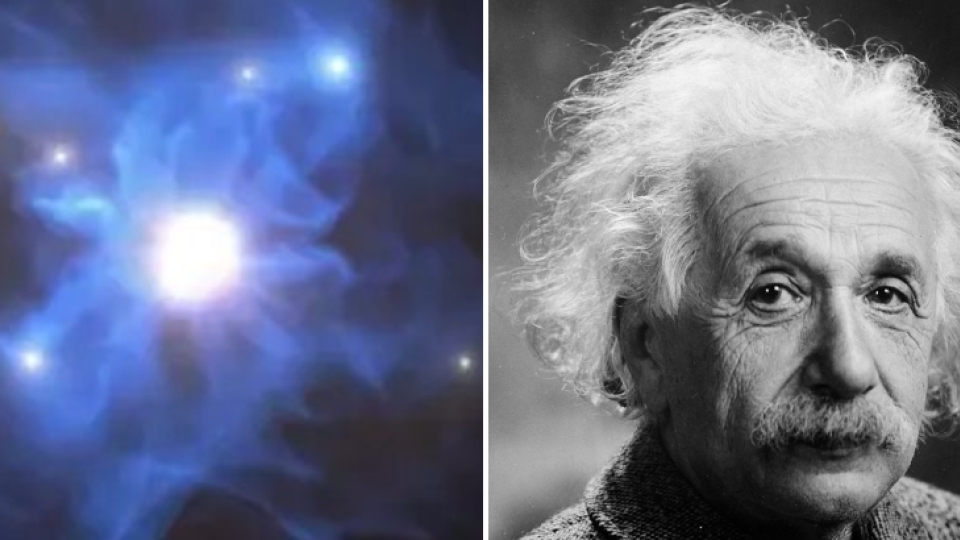 Umelecké vyobrazenie čiernej diery a Albert Einstein