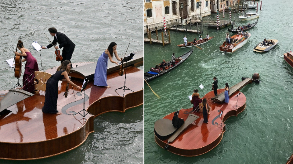 Noemove husle plaviace sa benátskym kanálom majú byť symbolom nádeje pre svet umenia.