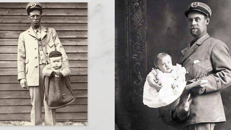Zinscenované fotografie poštárov s deťmi medzi poštou.