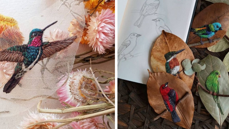 Španielska výtvarníčka Laura Dalla Vecchia vyšíva úžasné vtáčie vzory na sušené listy a vetvičky.