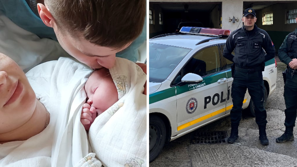 Čerství rodičia a policajti, ktorí im pomáhali dostať sa včas do pôrodnice.