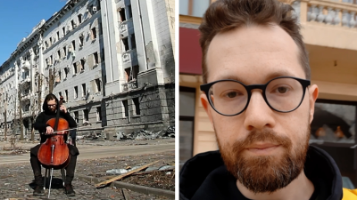 Ukrajinský violončelista hrá v ruinách zničeného Charkova. Pre Dobré noviny natočil vzácne zábery