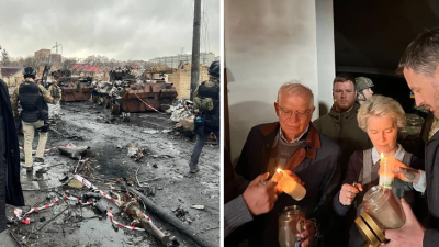 FOTO: Otrasený Heger videl masové hroby v meste Buča. Množstvo obetí si uctil zapálením sviečky