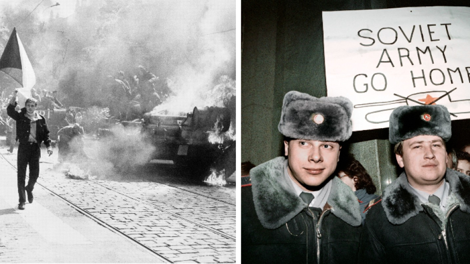 Horiaci sovietsky tank v uliciach Prahy / Sovietska armáda vo Vilniuse 