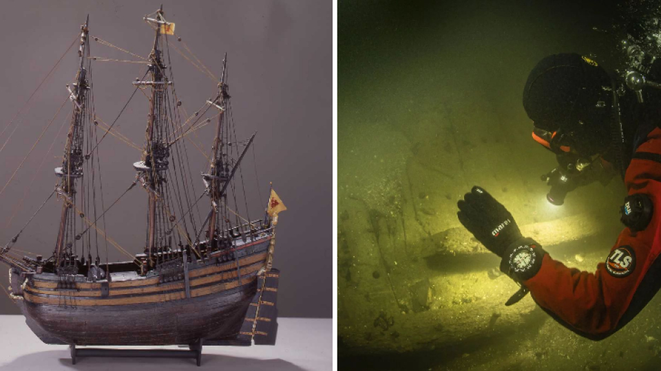 Naľavo je ilustrácia nájdenej lode, napravo potápač pri obhliadke.