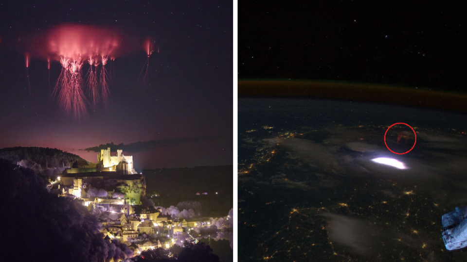 Naľavo červený škriatok zachytený vo Francúzsku, napravo pohľad na červeného škriatka z Medzinárodnej vesmírnej stanice.