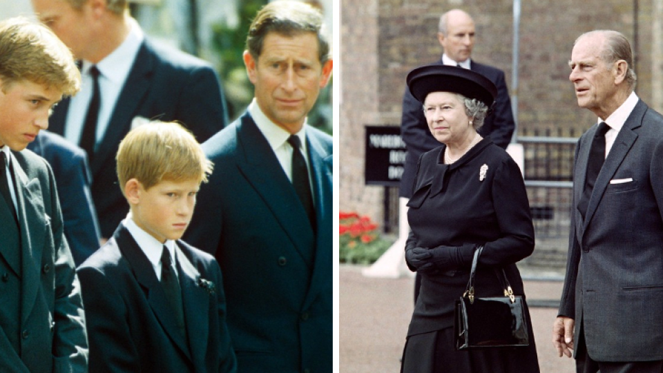 Kráľovská rodina počas pohrebu princeznej Diany v roku 1997.