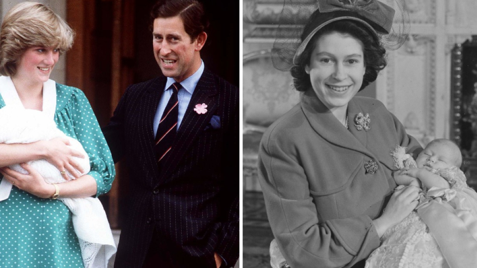 Princezná Diana, princ Charles a syn William / Kráľovná Alžbeta II. so synom Charlesom